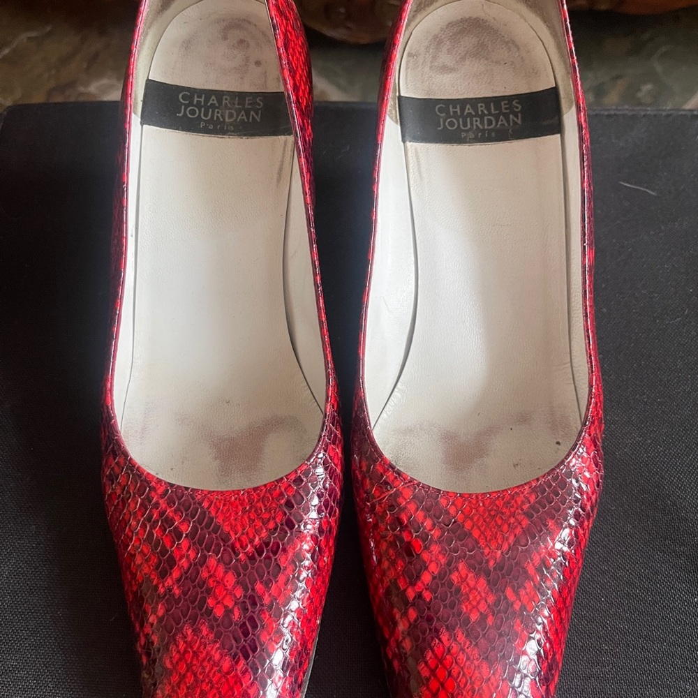 Charles Jourdan Red Heels with Snakeskin Pattern